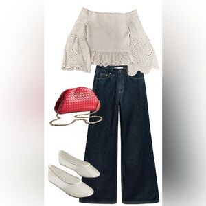 Express White Smocked Eyelet Off-Shoulder Top | Bell Sleeve